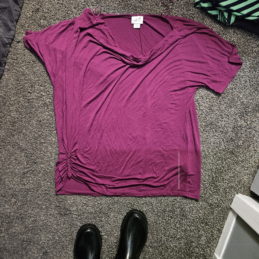 Purple xl shirt with runching on one side swoop neck